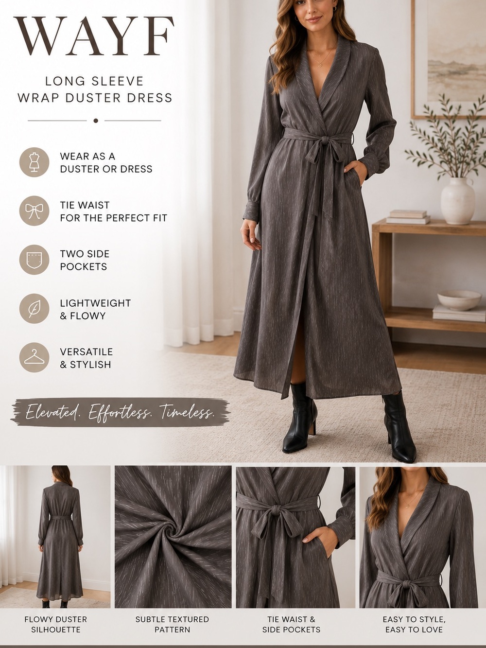 WAYF Long Sleeve Tie Waist Wrap Duster Dress Gray Size Medium